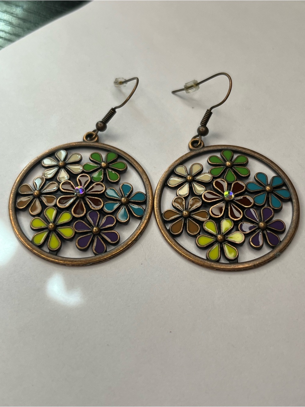 Multicolor Enamel Flower Hoop Earrings - Bronze Tone